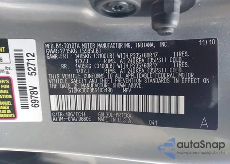 2011 Toyota Sienna Le V6 из США, поврежденный, VIN 5TDKK3DC3BS103180